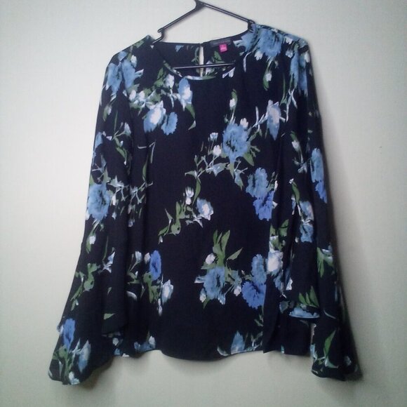 Vince Camuto Blouse Shirt L Women 3/4 Bell Sleeve Floral Black Blue - Picture 10 of 16
